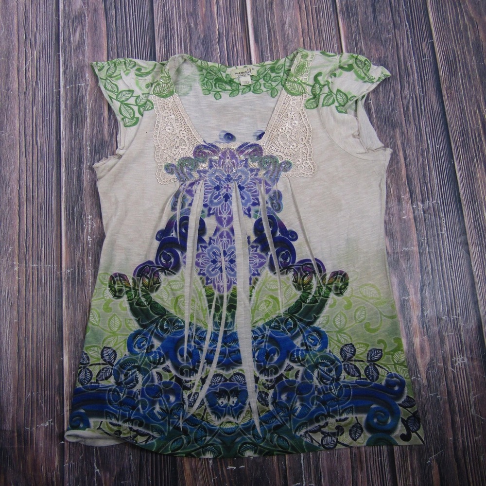 One‎ World Womens XL Multicolor Floral Crochet Tunic Top Blouse Granny Core
